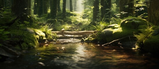 Fototapeta premium The water flows in small streams in the forest. Creative banner. Copyspace image