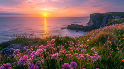 Sunset Over a Rocky Coastline with Vibrant Blooms