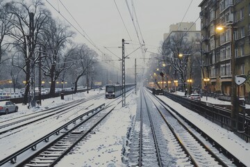 Fototapeta premium Snowy Urban Train Tracks at Dusk with City Lights and Trees in Winter.