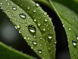 Water droplets glisten on a vibrant green leaf, showcasing exquisite details.