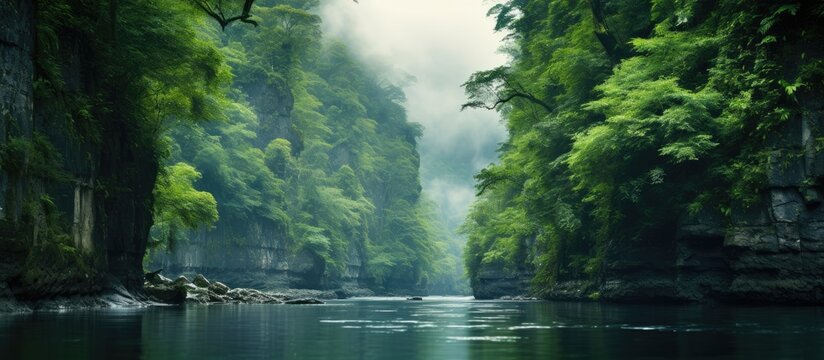 Canyon of river in rain forest A deep river canyon in the tropical cloud forest Footage available. Creative banner. Copyspace image