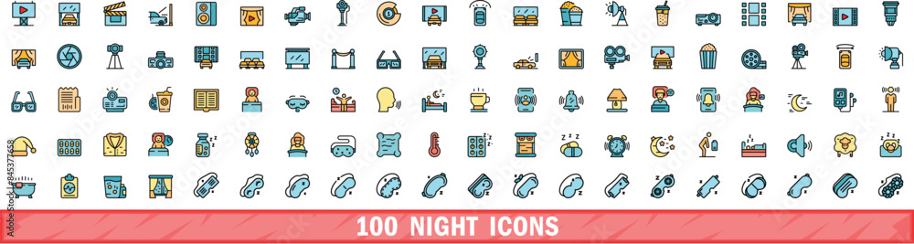 Poster 100 night icons set. color line set of night vector icons thin line color flat on white - Posters