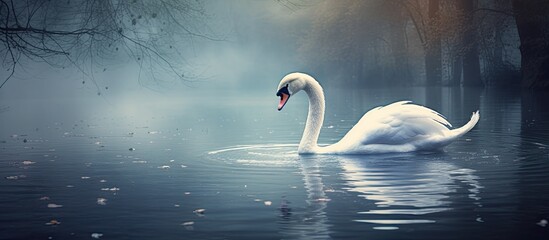 Two graceful white swans swim in the dark water The mute swan Cygnus olor. Creative banner. Copyspace image - Powered by Adobe