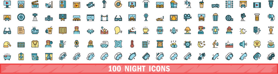 100 night icons set. Color line set of night vector icons thin line color flat on white