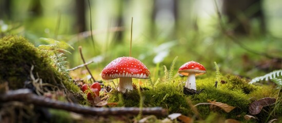 Amanita Muscaria muscimol mushroom Amanita fly agaric mushrooms in forest with grass on the background. Creative banner. Copyspace image