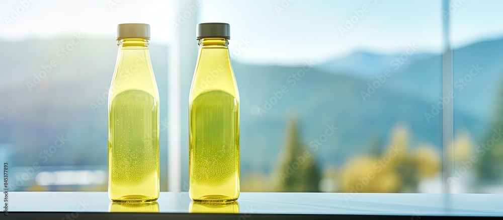 Aufkleber close up of eco water bottles of yellow color on background of panoramic window. creative banner. co