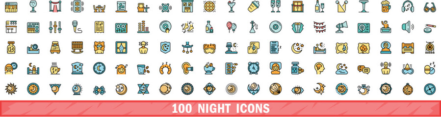 100 night icons set. Color line set of night vector icons thin line color flat on white