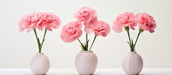 Obraz premium Three pink carnations in a small vase on a white background. Creative banner. Copyspace image