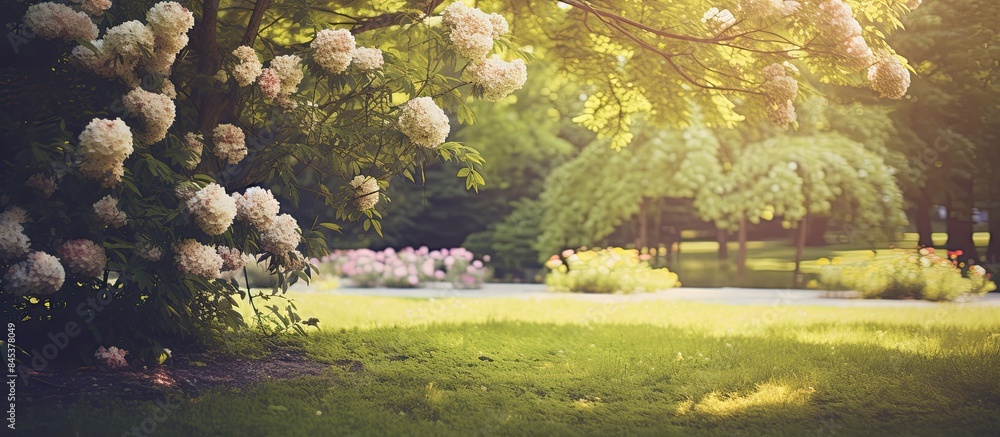 Aufkleber Beautiful blurred defocused effect bokeh on the garden trees in summer time with vintage filter. Creative banner. Copyspace image