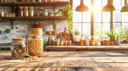 A set of glass jars with different types and sizes of grain on a table in front, against a kitchen background.