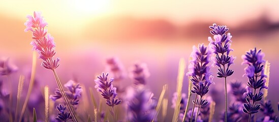 Obraz premium Lavender flowers lilac nature summer field background. Creative banner. Copyspace image