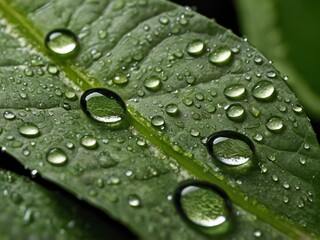 Water droplets glisten on a vibrant green leaf, showcasing exquisite details.