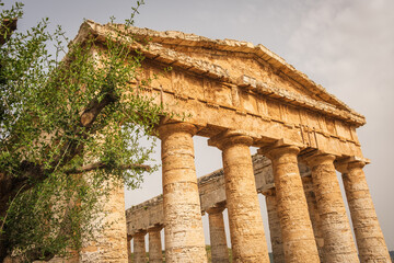 Archaeological Park of Segesta ruins in Sicily , detail of temple columns 