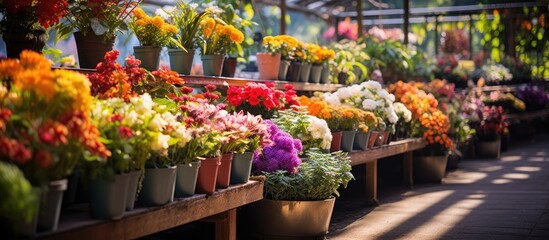 Variety of plants and flowers at flower market Flower shop. Creative banner. Copyspace image