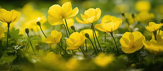 Obraz premium a close up of shiny yellow buttercup petals growing wild in a British garden. Creative banner. Copyspace image