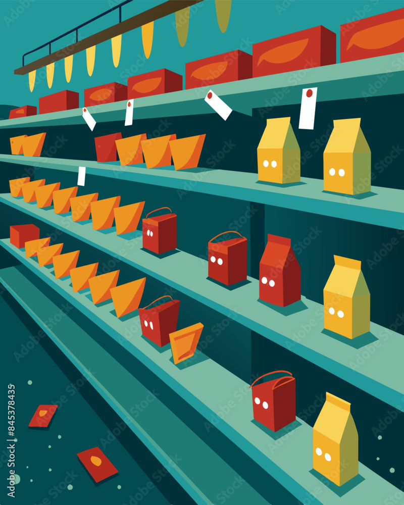 Aufkleber empty shelves in a grocery store with increasingly high prices on the few remaining items.. vector i