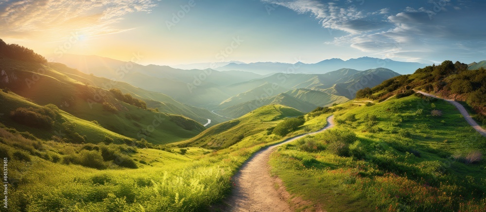 Aufkleber a path on the mountain with strong sun light. creative banner. copyspace image