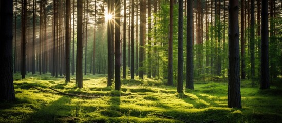 Sunset or dawn in a pine forest in spring or early summer The sun among the trunks of pines. Creative banner. Copyspace image