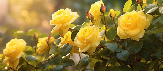 Obraz premium Yellow roses green leaves bloom in the garden light sunshine. Creative banner. Copyspace image