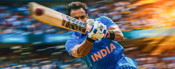 High-Speed Cricket Action: Indian Batsman Executing a Powerful Swing
