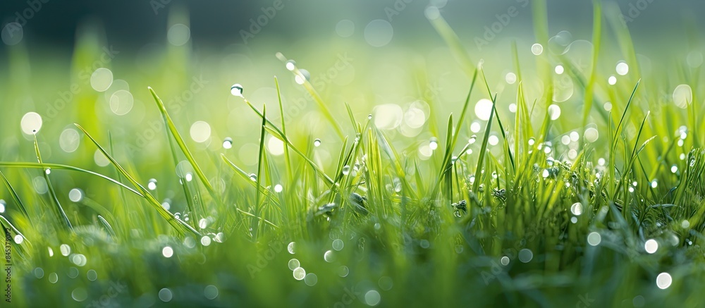 Poster nature shots of garden in spring macro of grass with water drops and flying bokeh perfect for screen