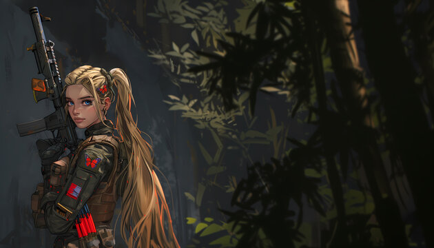 Soldier Girl in the Jungle hiding in the foliage