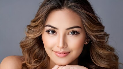 Fototapeta premium Portrait of a Beautiful Young Woman with Pristine Skin, Highlighting Face Care, Cosmetology, and Spa