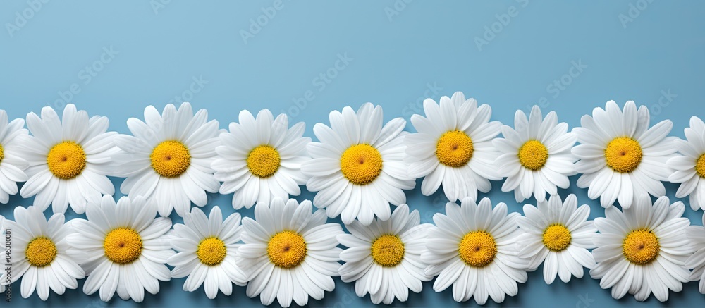 Poster daisy pattern flat lay spring and summer chamomile flowers on a blue background repetition concept t