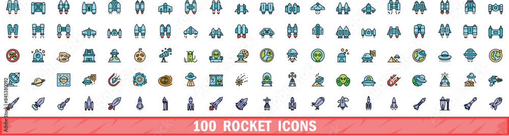 Poster 100 rocket icons set. color line set of rocket vector icons thin line color flat on white