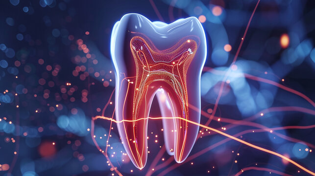 visualization of a human tooth and the nerve endings leading to it. concept of dental treatment in dentistry, removal of nerves, relief from pain