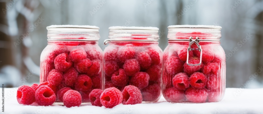 Poster berries of red ripe raspberries frozen for the winter in the freezer. creative banner. copyspace ima