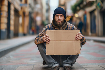 homeless person sitting on the urban street and holding empty cardboard sign