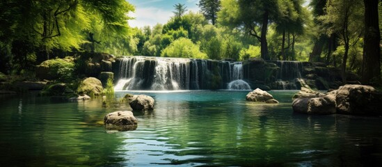 Naklejka premium Waterfall in the Park. Creative banner. Copyspace image