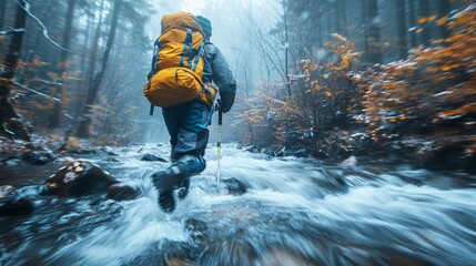 An explorer crosses a mountain stream amidst fiery autumn colors, capturing the essence of outdoor adventure