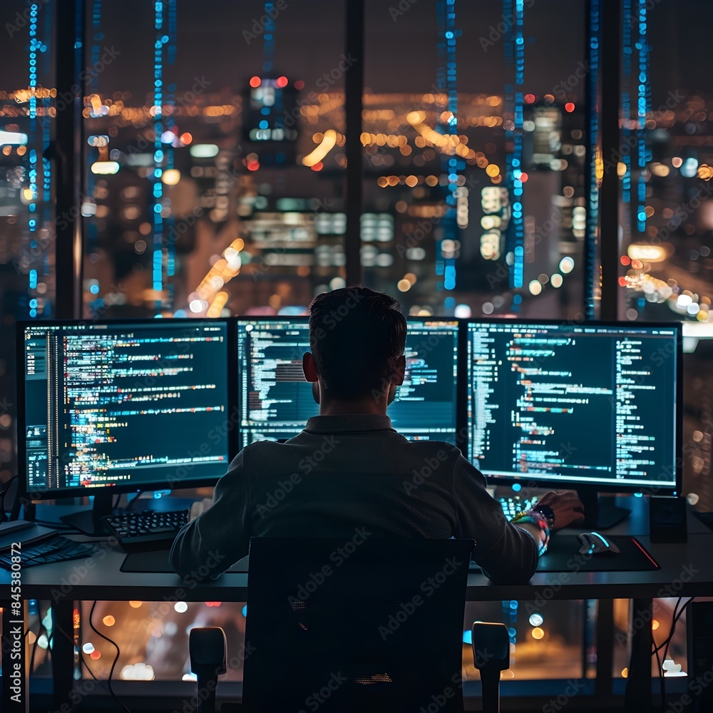 Poster it specialist debugging software in dark office with glowing screens business and work concept