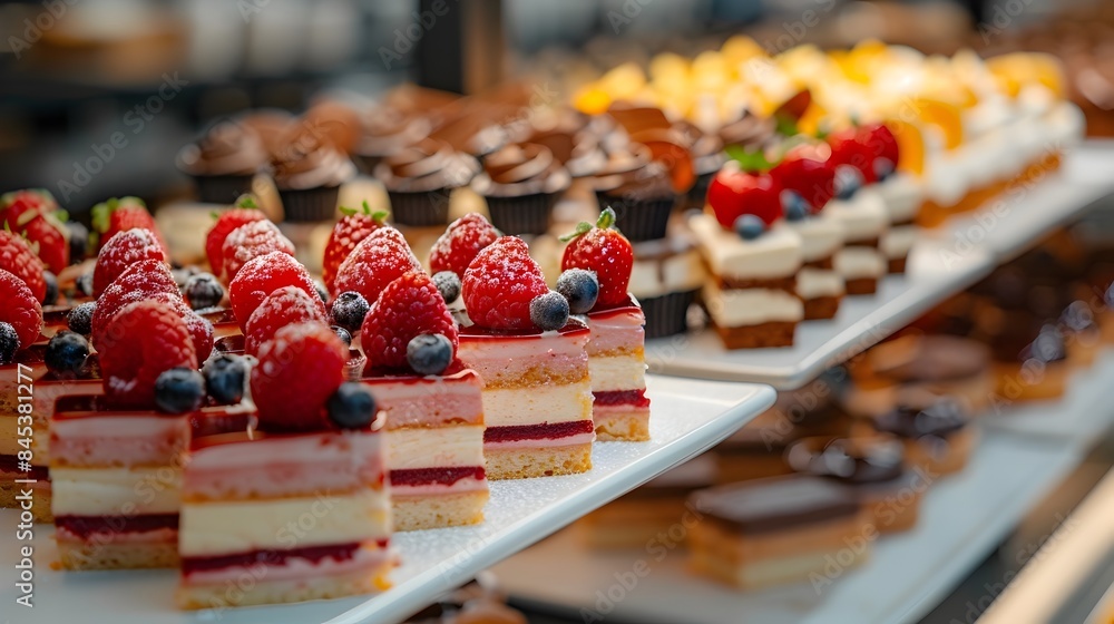 Poster tempting dessert bar with an array of delectable cakes pastries and mousses