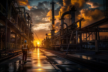 sunset at an industrial plant