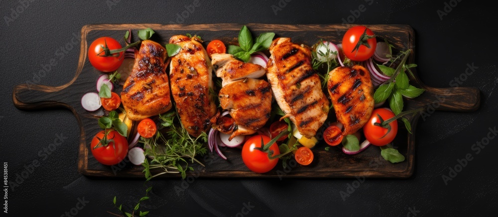 Aufkleber close up view of tasty bbq chicken breast with vegetables on wooden skewers with basil over black st