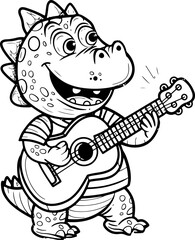 Cartoon cute smiling crocodile standing and plays guitar. Outline vector illustration