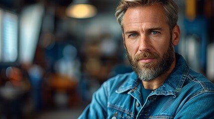 Fototapeta premium A bearded man with blue eyes showcases a contemplative look in an ambient cafe setting