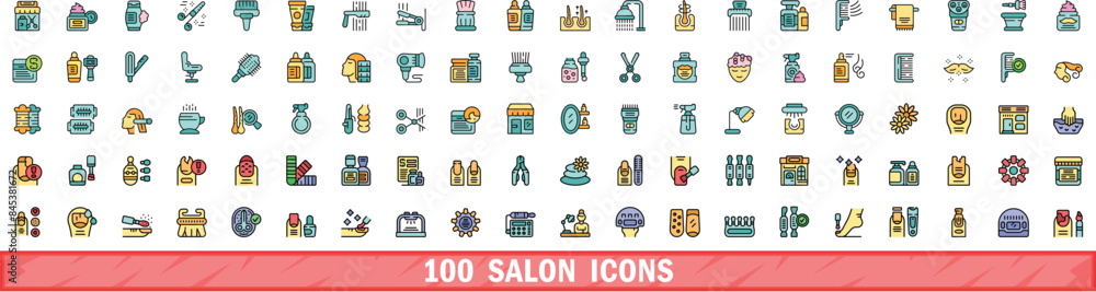 Poster 100 salon icons set. color line set of salon vector icons thin line color flat on white - Posters