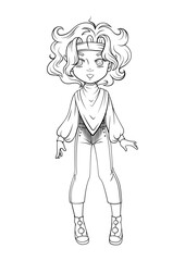 Fototapeta premium Illustration of a young anime style girl with curly hair in monochrome line art for a coloring book design
