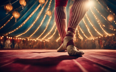 Low angle view of a circus performer’s perfect feet on a tightrope, big top tent, dramatic lighting