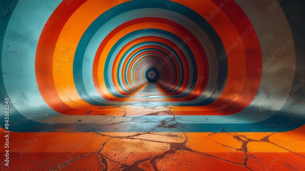 Poster vivid concentric circles create a tunnel illusion with a cracked desert-like floor and a vanishing p