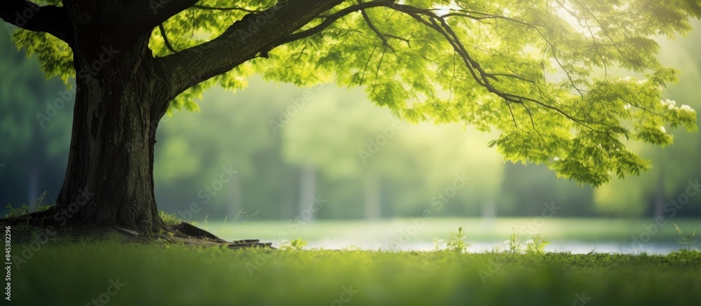 Aufkleber green bokeh background from nature under tree shade. Creative banner. Copyspace image