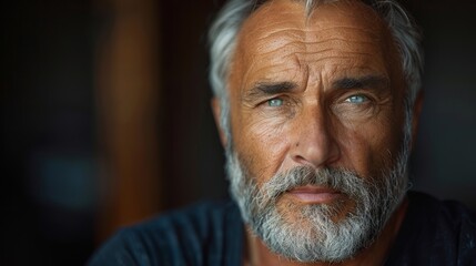 Close-up of an older man with striking blue eyes and a pensive expression