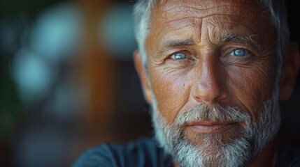 Portrait of a contemplative elderly man with piercing blue eyes and a grey beard
