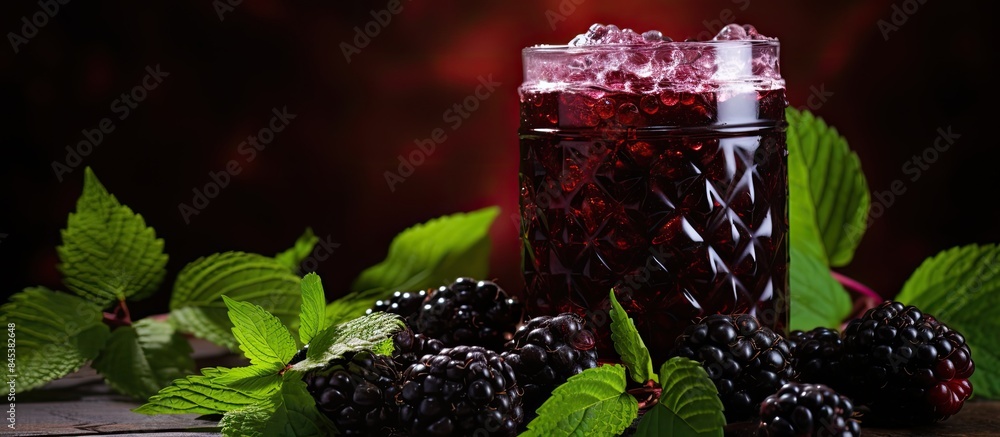 Poster fresh blackberry juice decorated with blackberry sugar and leaves. creative banner. copyspace image