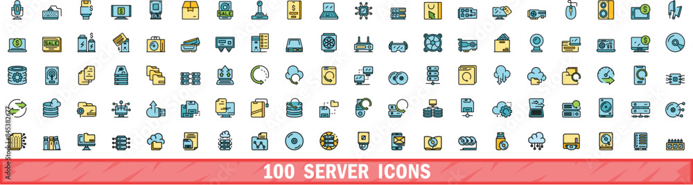Poster 100 server icons set. color line set of server vector icons thin line color flat on white