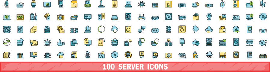 100 server icons set. Color line set of server vector icons thin line color flat on white